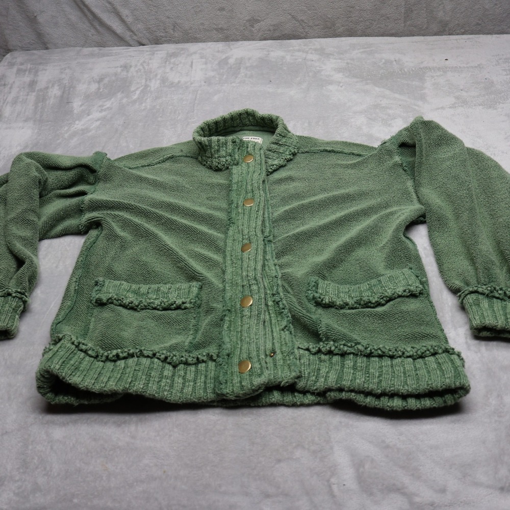 We The Free Cardigan Womens Medium Green Ribbed Trim Button Front Knit Sweater